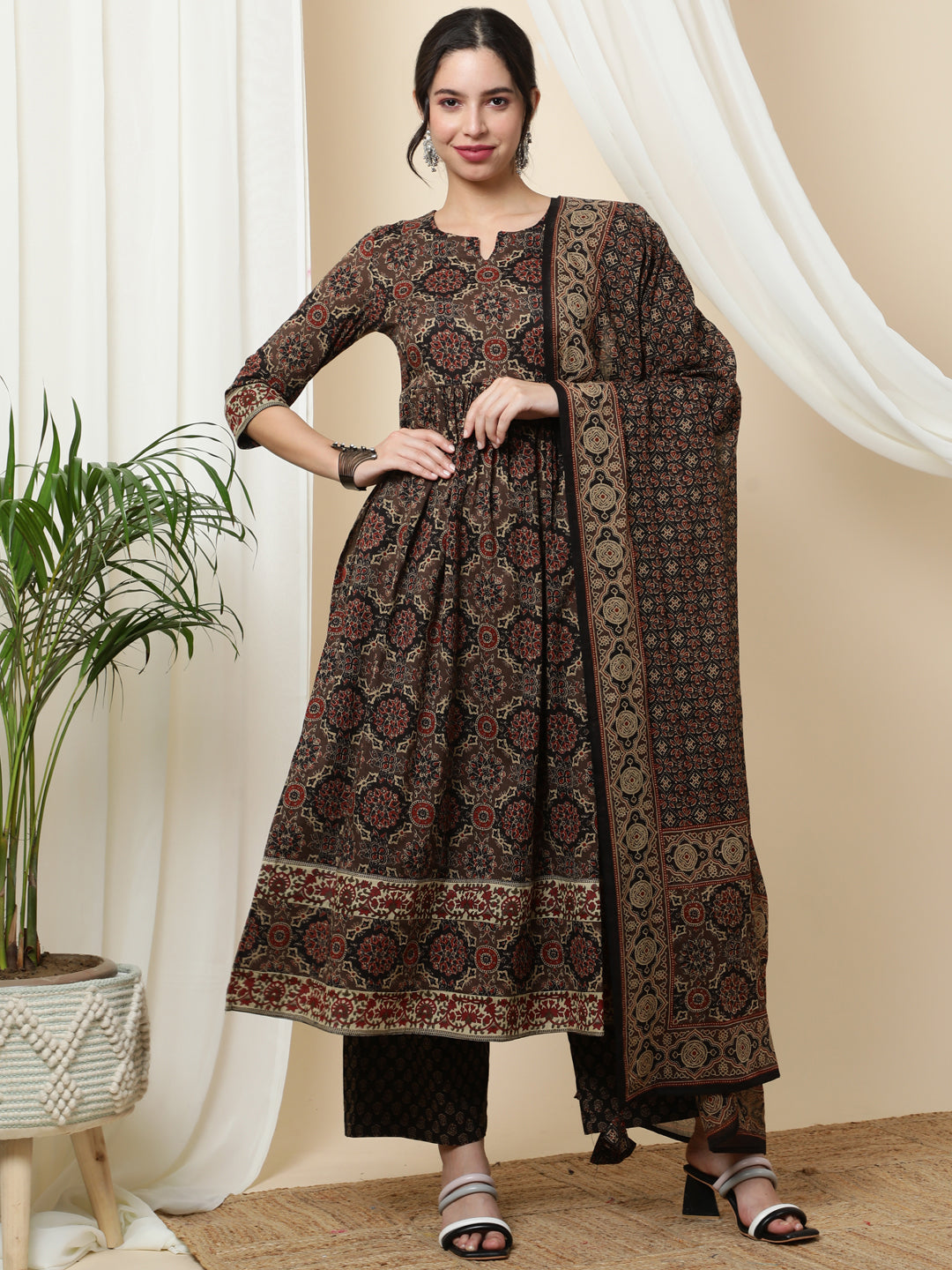 Cotton  Calf Length Printed  3/4 Sleeve Round Neck Kurta Bottom Dupatta Set