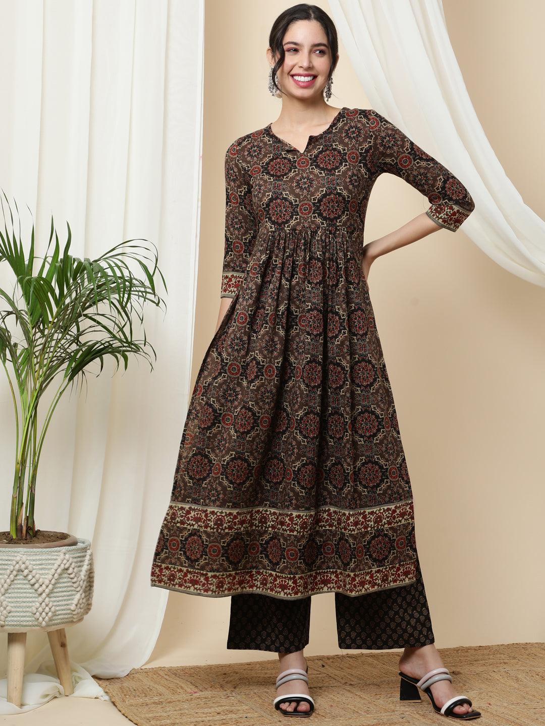 Cotton  Calf Length Printed  3/4 Sleeve Round Neck Kurta Bottom Dupatta Set