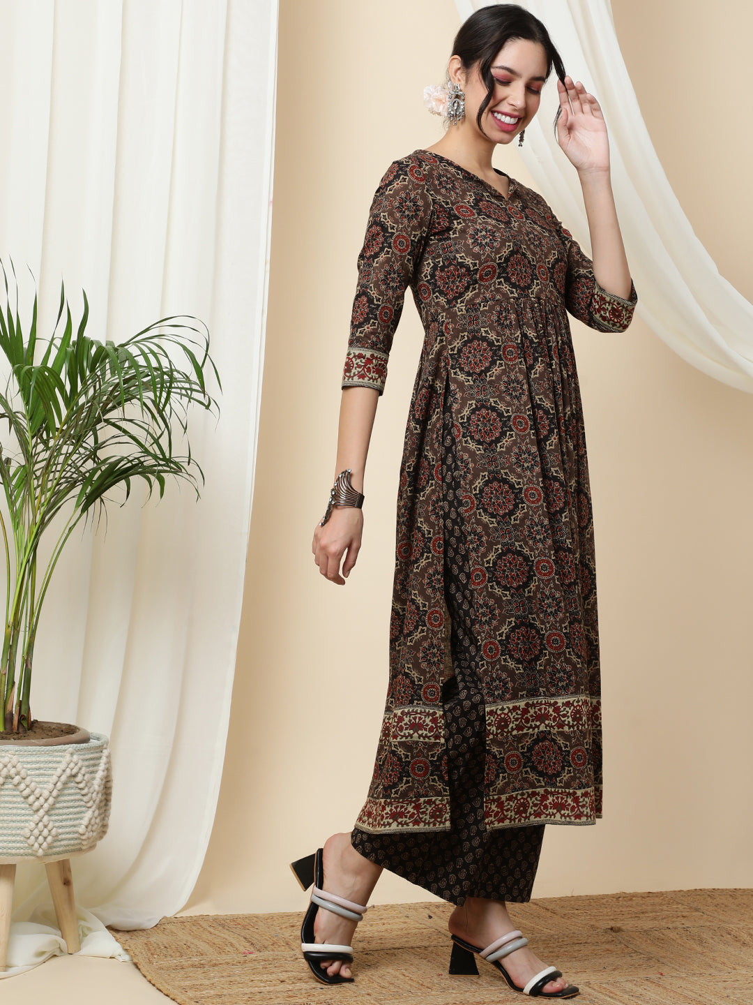 Cotton  Calf Length Printed  3/4 Sleeve Round Neck Kurta Bottom Dupatta Set