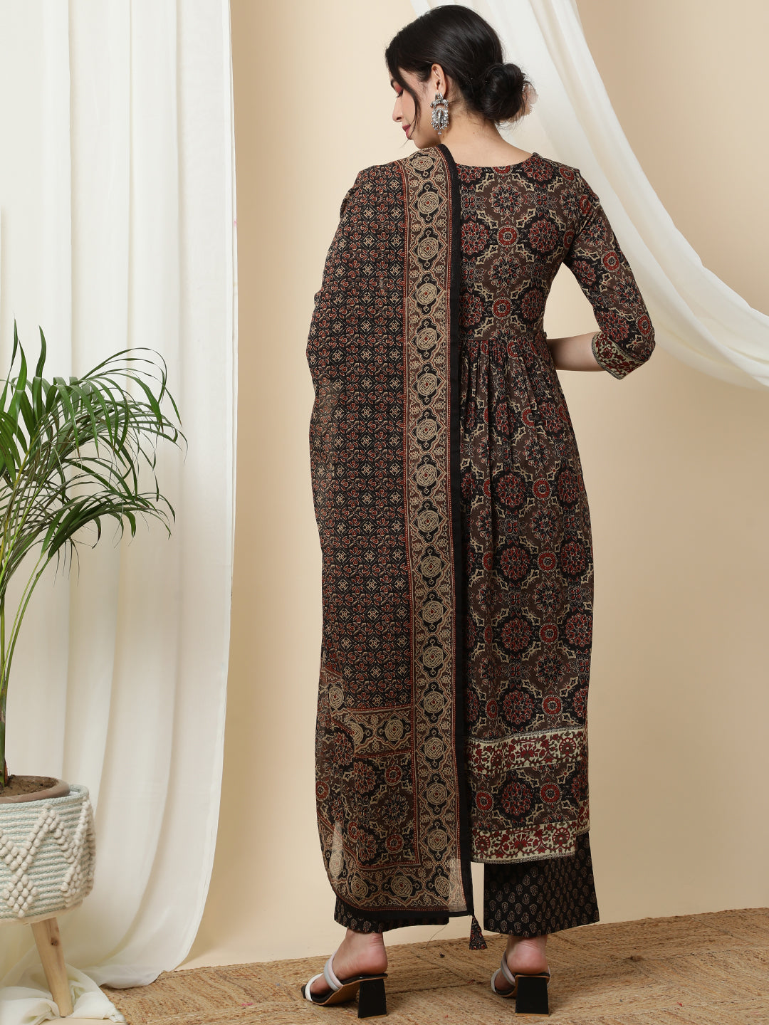 Cotton  Calf Length Printed  3/4 Sleeve Round Neck Kurta Bottom Dupatta Set