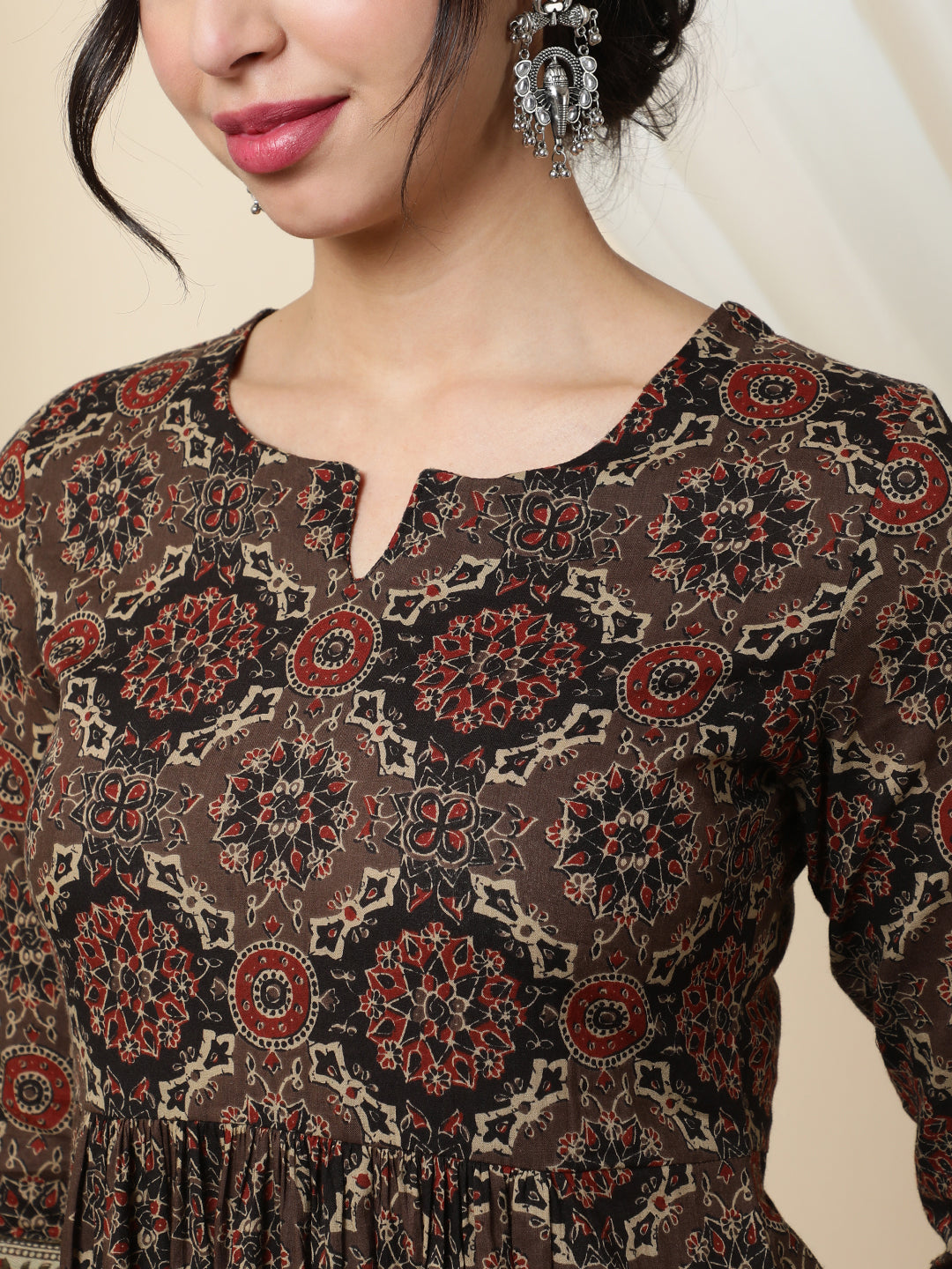 Cotton  Calf Length Printed  3/4 Sleeve Round Neck Kurta Bottom Dupatta Set