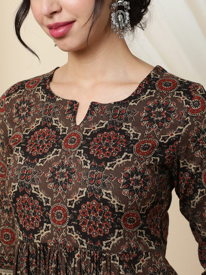 Cotton  Calf Length Printed  3/4 Sleeve Round Neck Kurta Bottom Dupatta Set