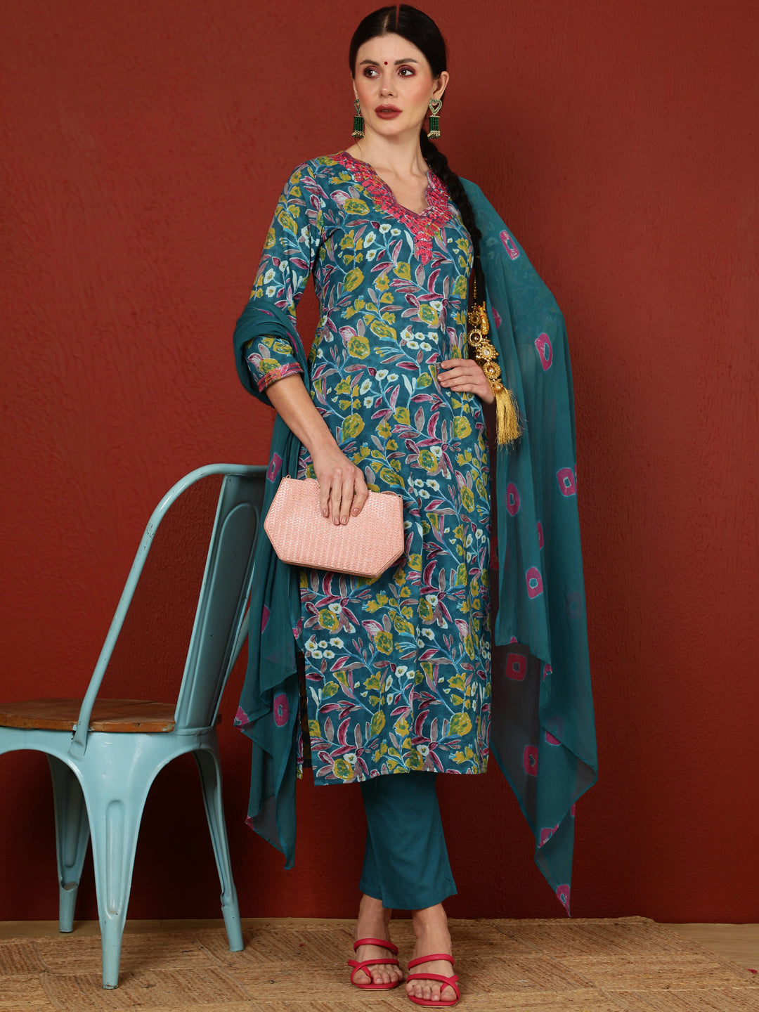 Cotton  Calf Length Printed Straight 3/4 Sleeves V-Neck Kurta Bottom Dupatta Set (Preorder)