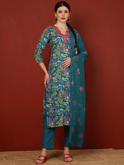 Cotton  Calf Length Printed Straight 3/4 Sleeves V-Neck Kurta Bottom Dupatta Set