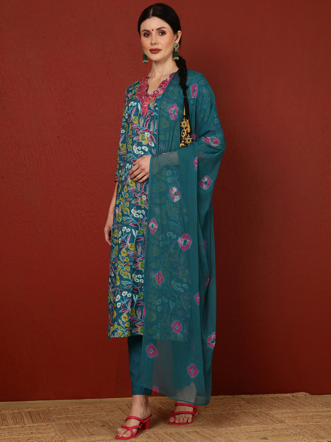 Cotton  Calf Length Printed Straight 3/4 Sleeves V-Neck Kurta Bottom Dupatta Set (Preorder)