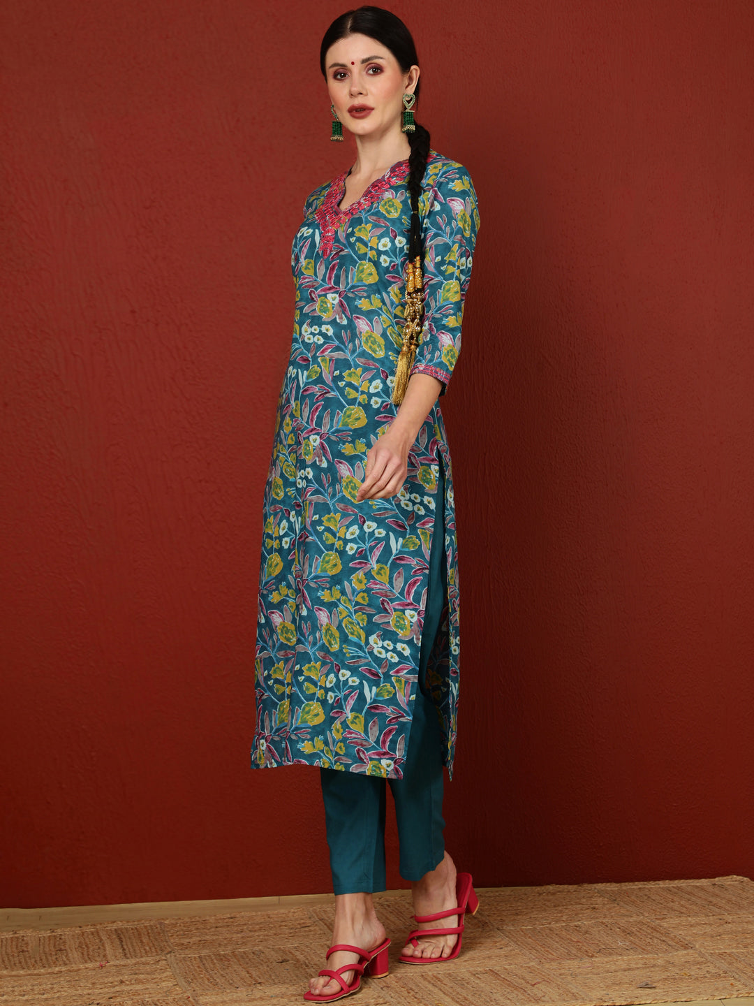 Cotton  Calf Length Printed Straight 3/4 Sleeves V-Neck Kurta Bottom Dupatta Set