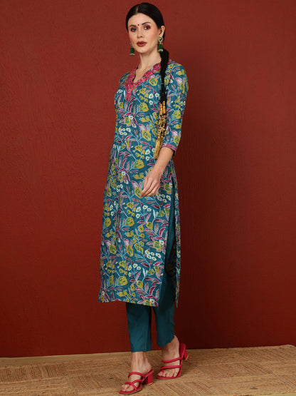 Cotton  Calf Length Printed Straight 3/4 Sleeves V-Neck Kurta Bottom Dupatta Set
