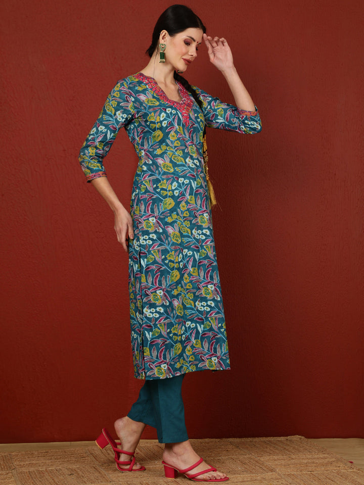 Cotton  Calf Length Printed Straight 3/4 Sleeves V-Neck Kurta Bottom Dupatta Set