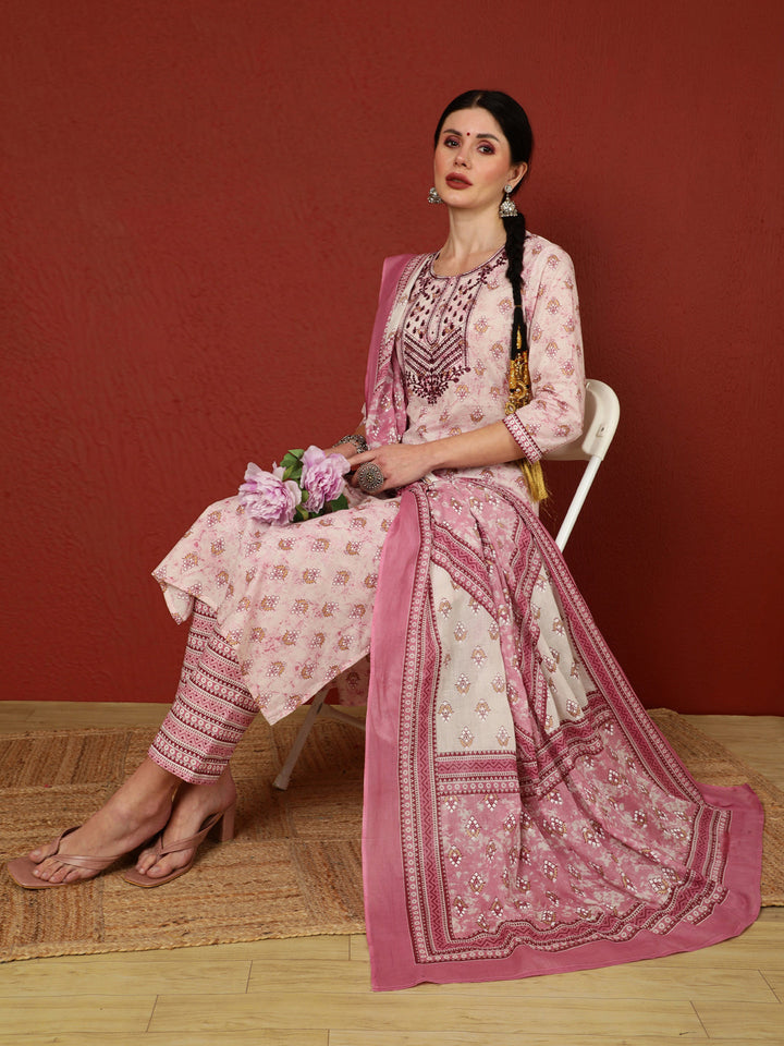 Cotton  Calf Length Printed Straight 3/4 Sleeves Round Kurta Bottom Dupatta Set