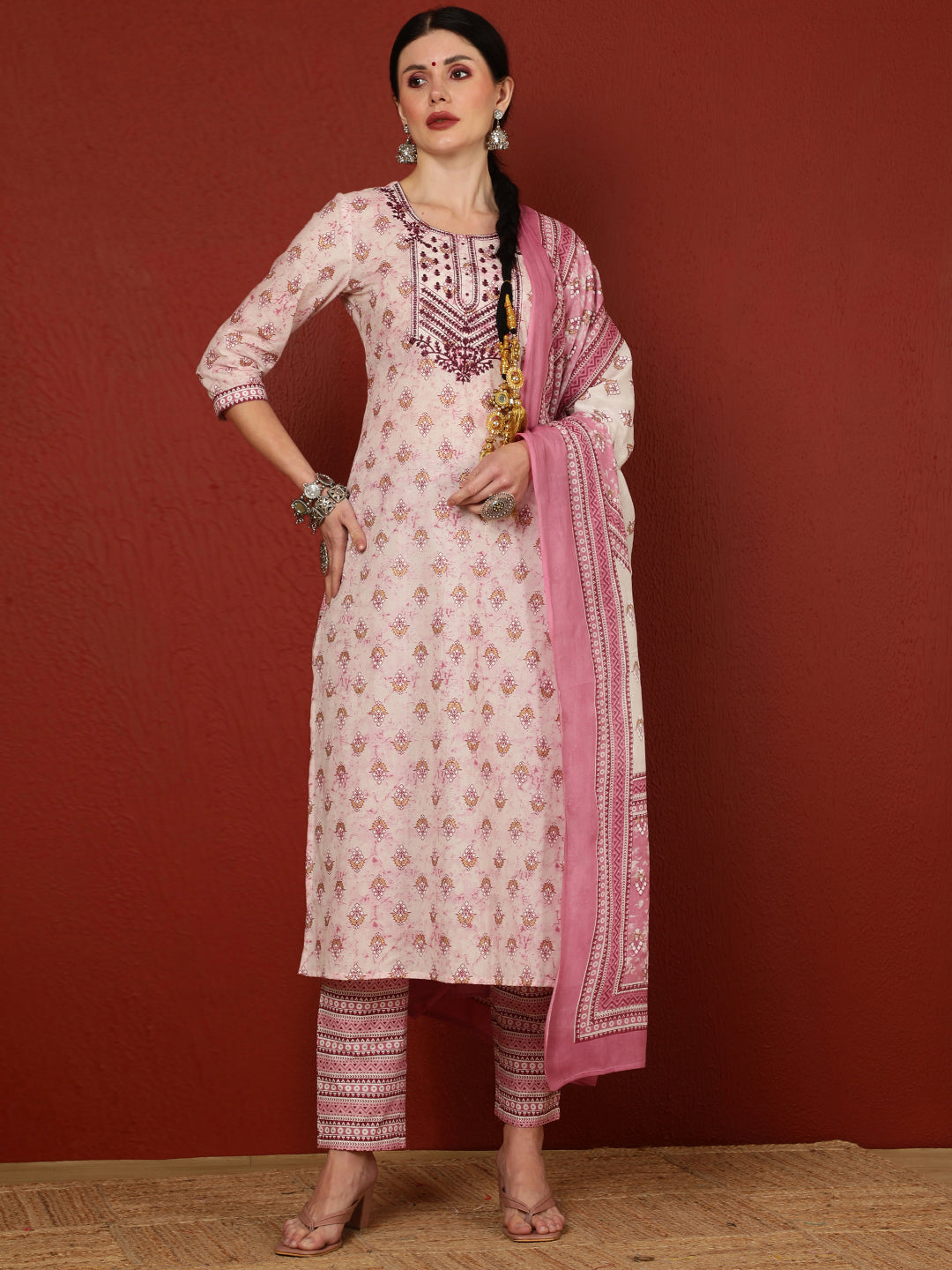 Cotton  Calf Length Printed Straight 3/4 Sleeves Round Kurta Bottom Dupatta Set (Preorder)