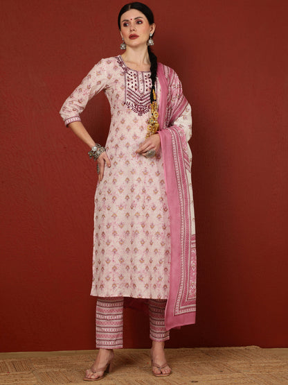 Cotton  Calf Length Printed Straight 3/4 Sleeves Round Kurta Bottom Dupatta Set (Preorder)