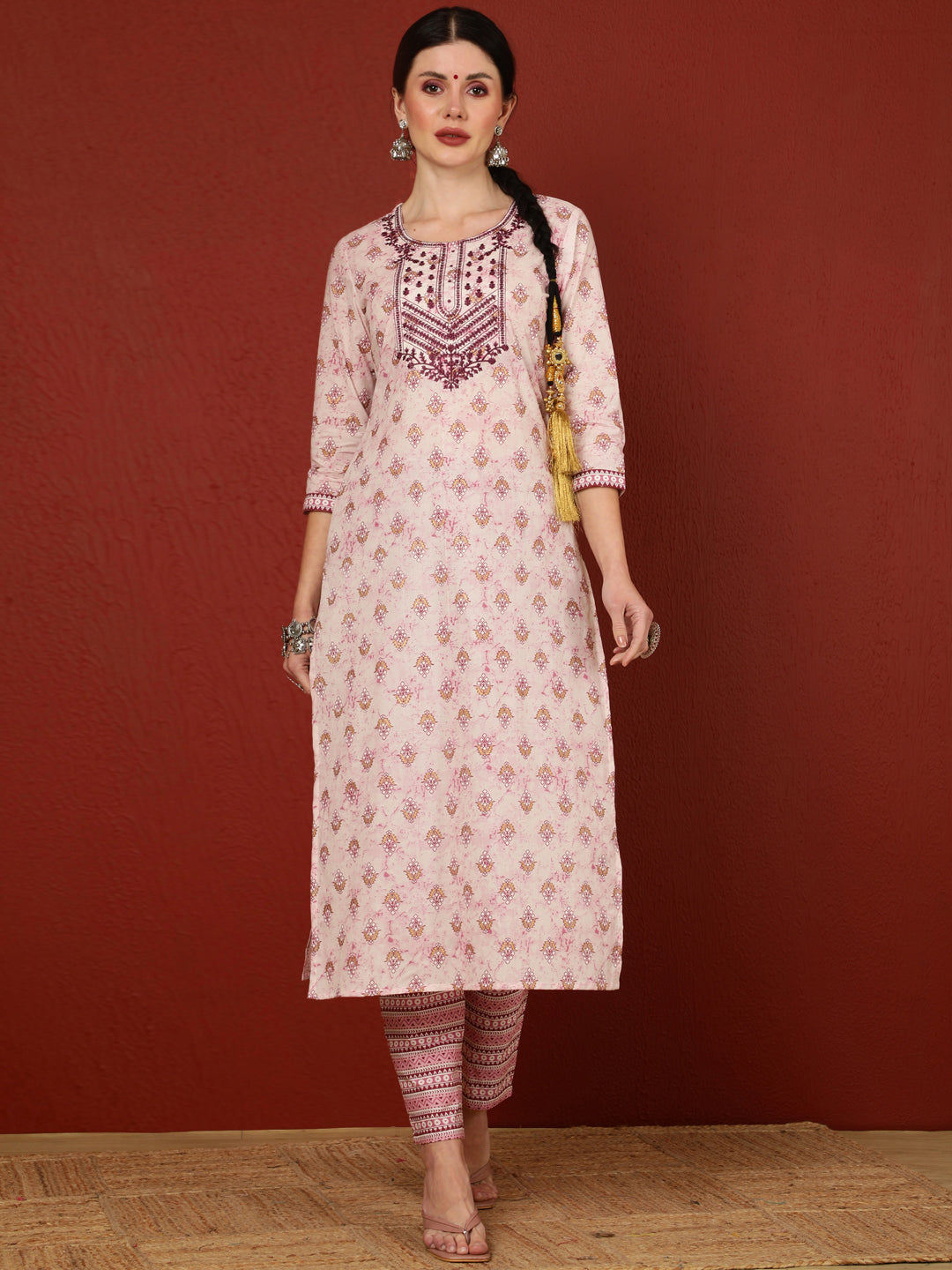 Cotton  Calf Length Printed Straight 3/4 Sleeves Round Kurta Bottom Dupatta Set