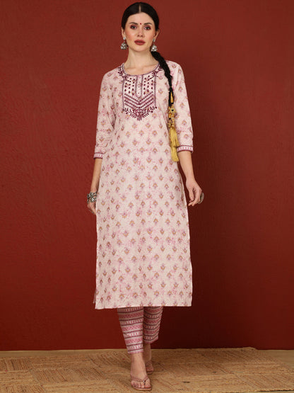 Cotton  Calf Length Printed Straight 3/4 Sleeves Round Kurta Bottom Dupatta Set