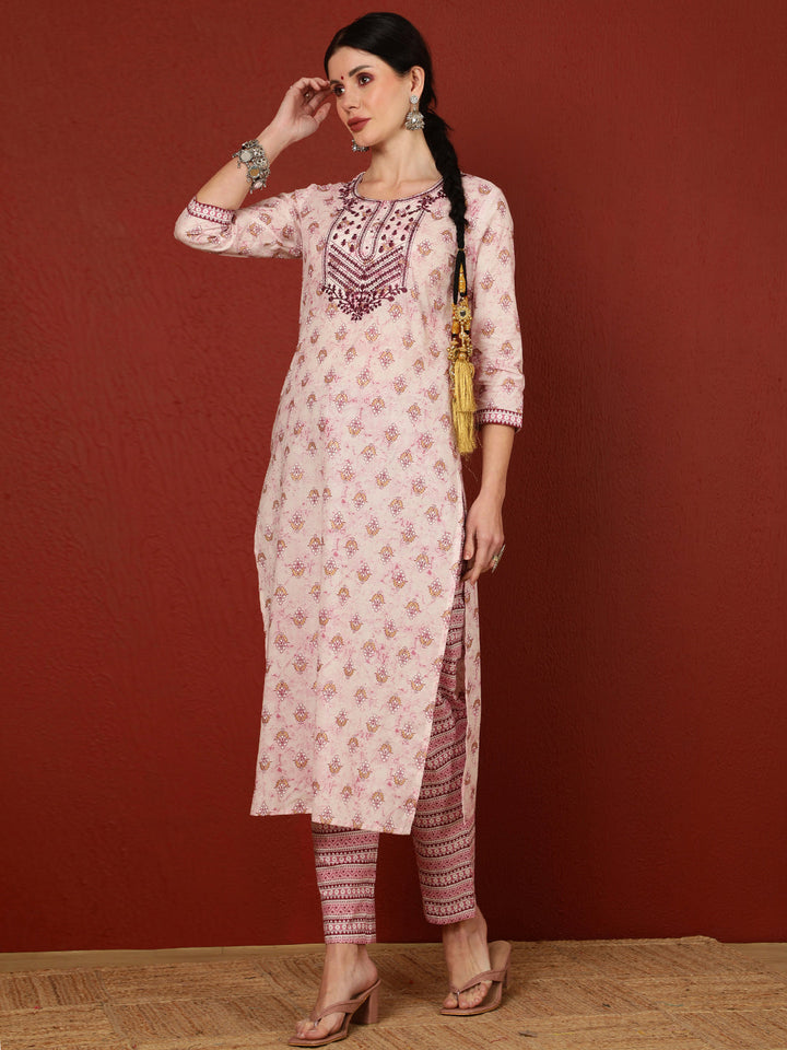Cotton  Calf Length Printed Straight 3/4 Sleeves Round Kurta Bottom Dupatta Set