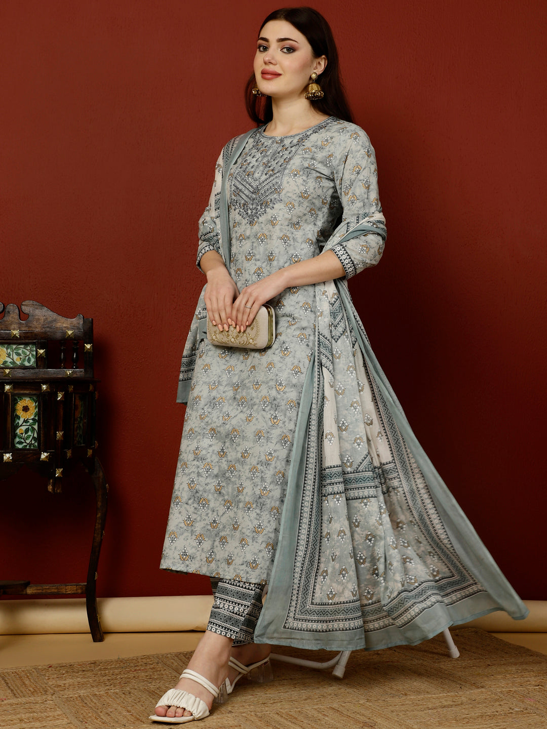 Calf Length Straight 3/4 Sleeves Round Kurta Bottom Dupatta Set