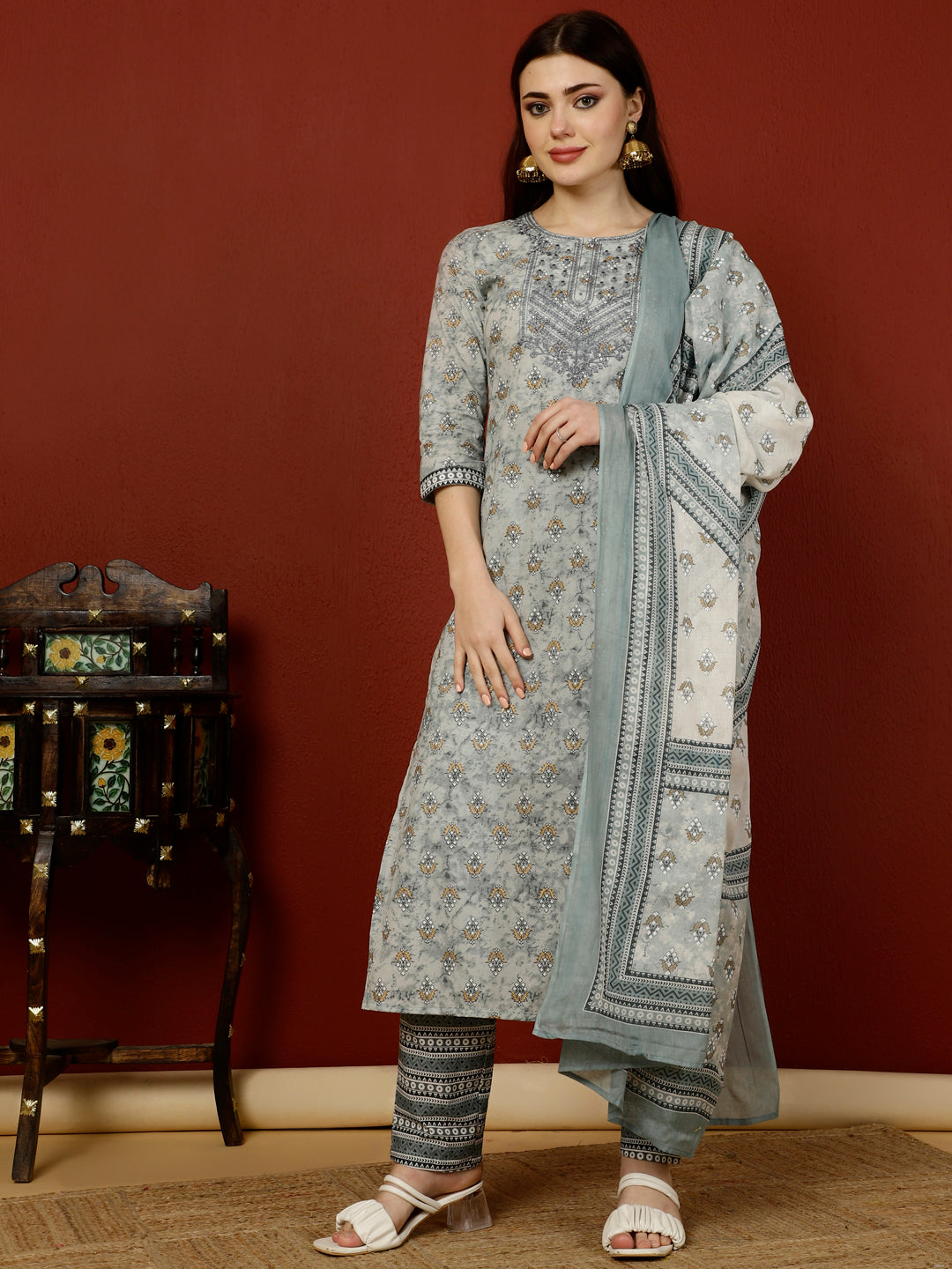 Calf Length Straight 3/4 Sleeves Round Kurta Bottom Dupatta Set (Preorder)