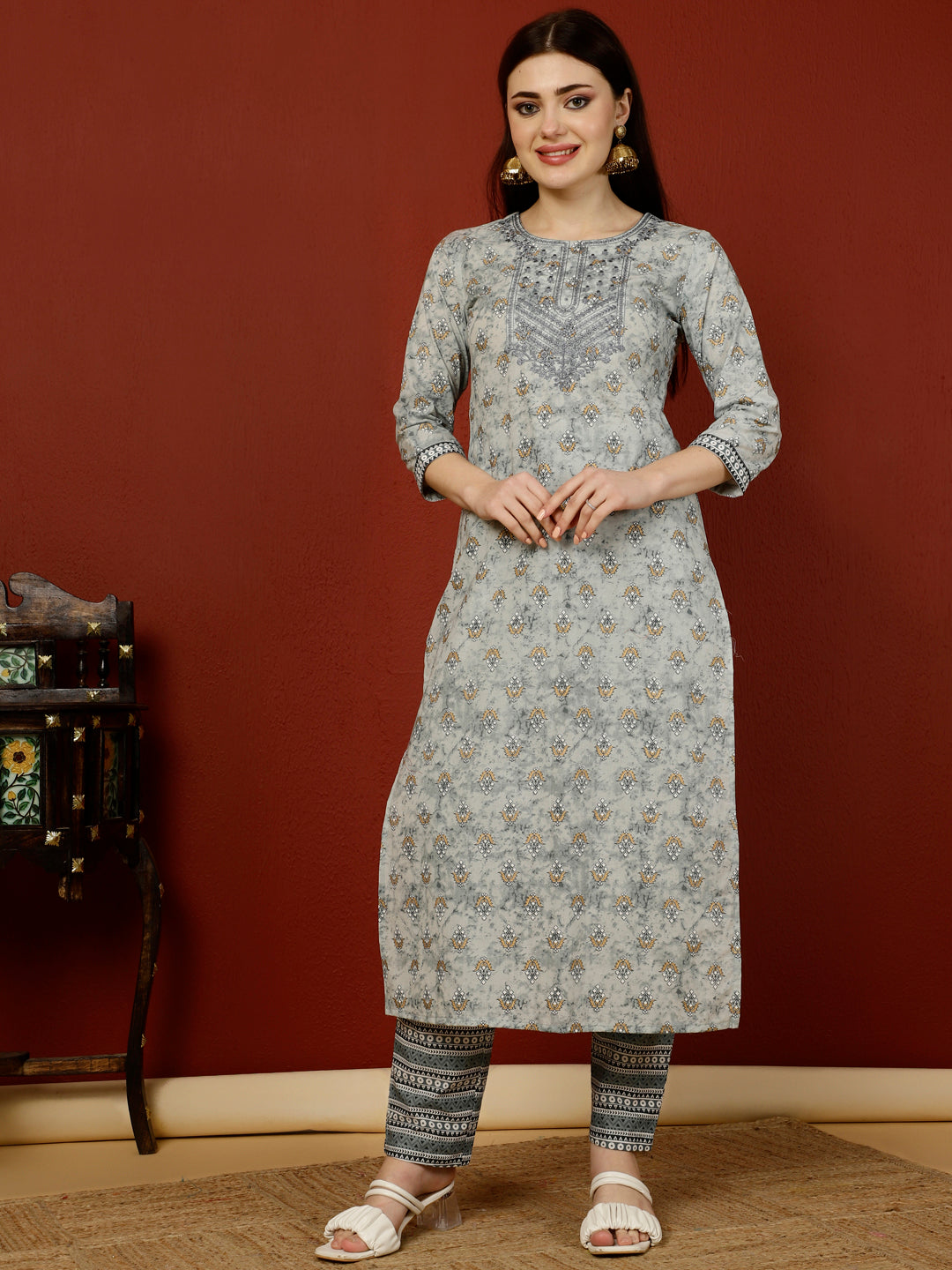 Calf Length Straight 3/4 Sleeves Round Kurta Bottom Dupatta Set (Preorder)
