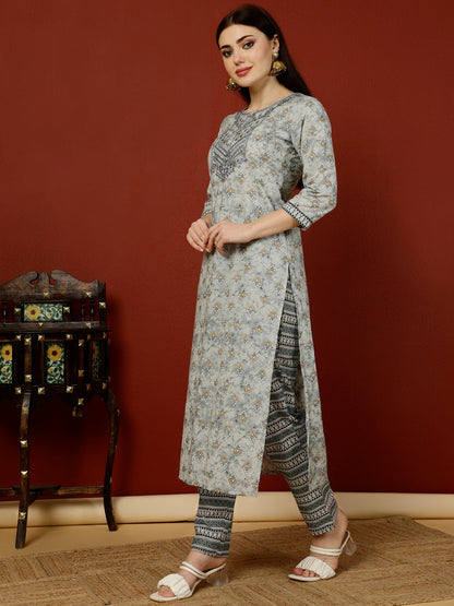 Calf Length Straight 3/4 Sleeves Round Kurta Bottom Dupatta Set