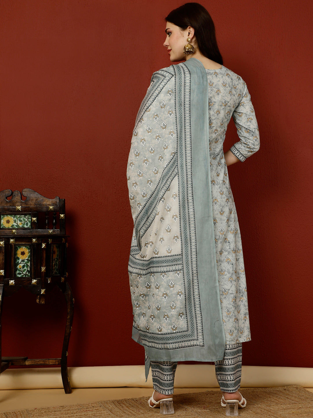 Calf Length Straight 3/4 Sleeves Round Kurta Bottom Dupatta Set