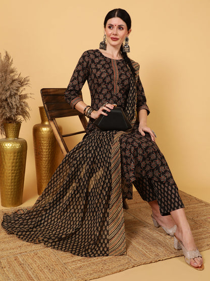 Rayon  Calf Length Printed Straight 3/4 Sleeves Round Kurta Bottom Dupatta Set (Preorder)