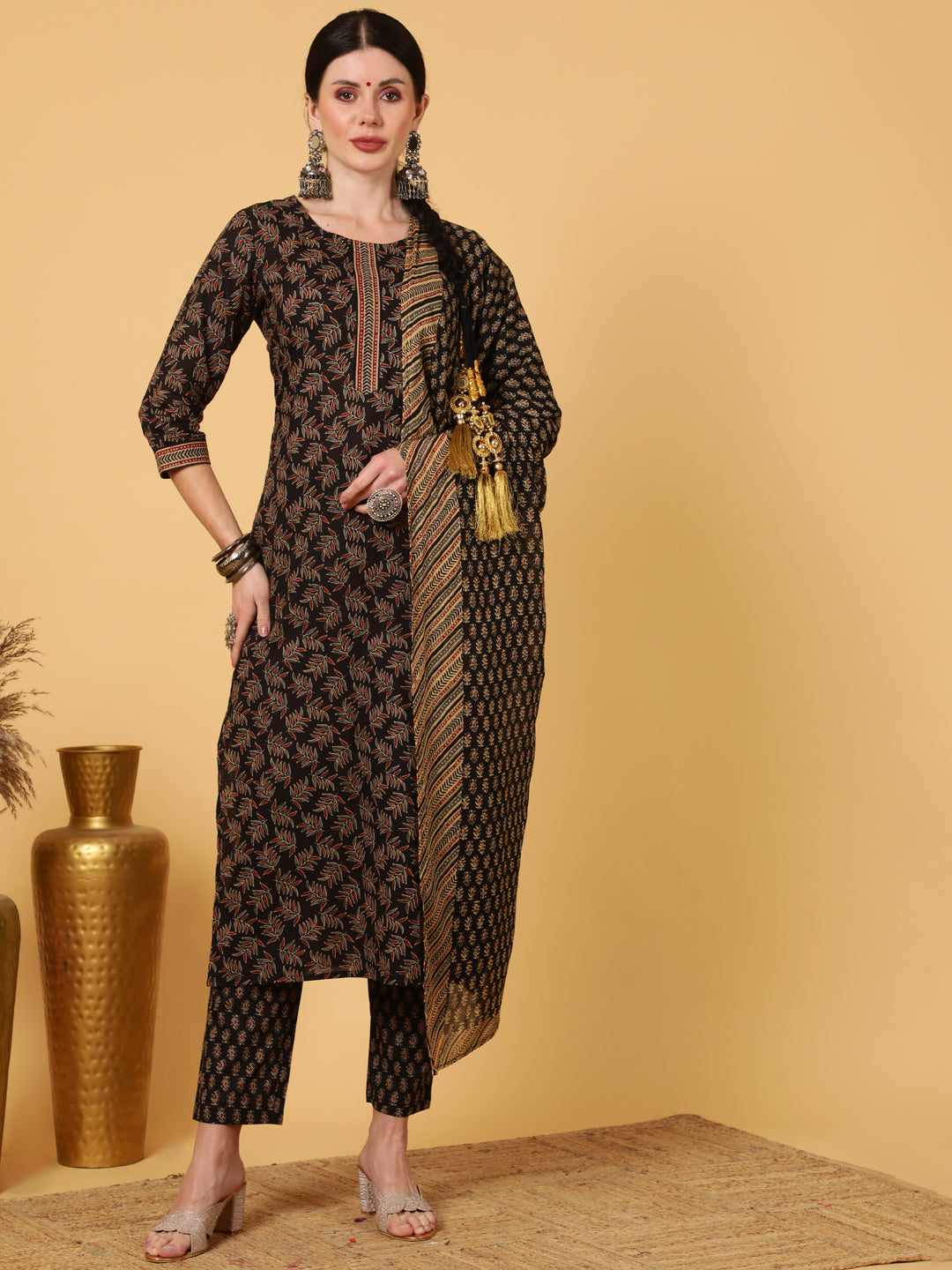 Rayon  Calf Length Printed Straight 3/4 Sleeves Round Kurta Bottom Dupatta Set (Preorder)