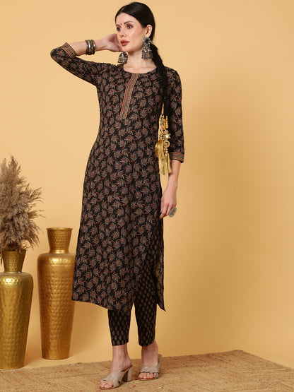 Rayon  Calf Length Printed Straight 3/4 Sleeves Round Kurta Bottom Dupatta Set (Preorder)
