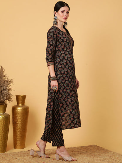 Rayon  Calf Length Printed Straight 3/4 Sleeves Round Kurta Bottom Dupatta Set