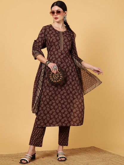 Rayon  Calf Length Printed Straight 3/4 Sleeves Round Kurta Bottom Dupatta Set