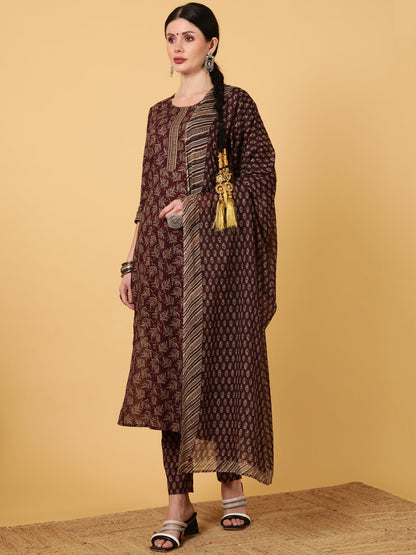 Rayon  Calf Length Printed Straight 3/4 Sleeves Round Kurta Bottom Dupatta Set (Preorder)