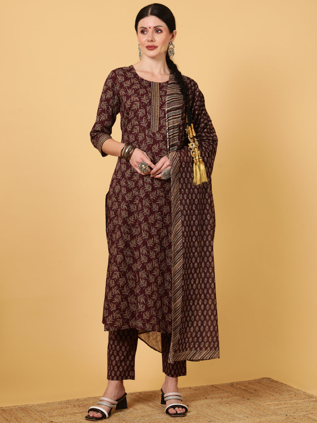 Rayon  Calf Length Printed Straight 3/4 Sleeves Round Kurta Bottom Dupatta Set