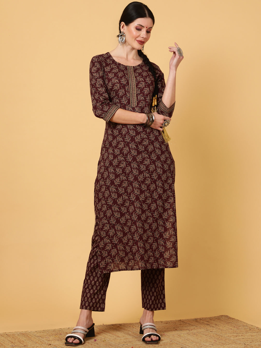 Rayon  Calf Length Printed Straight 3/4 Sleeves Round Kurta Bottom Dupatta Set (Preorder)