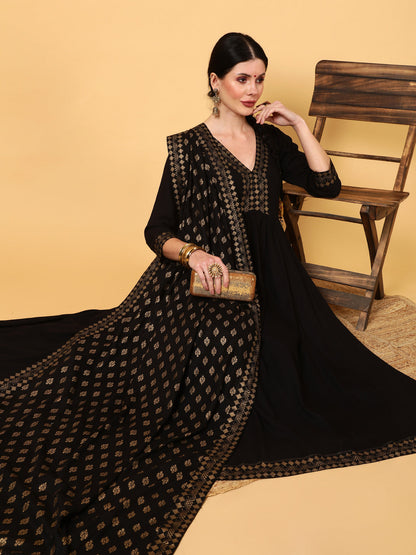 Rayon  Calf Length Solid Flared 3/4 Sleeves V-Neck Kurta Bottom Dupatta Set