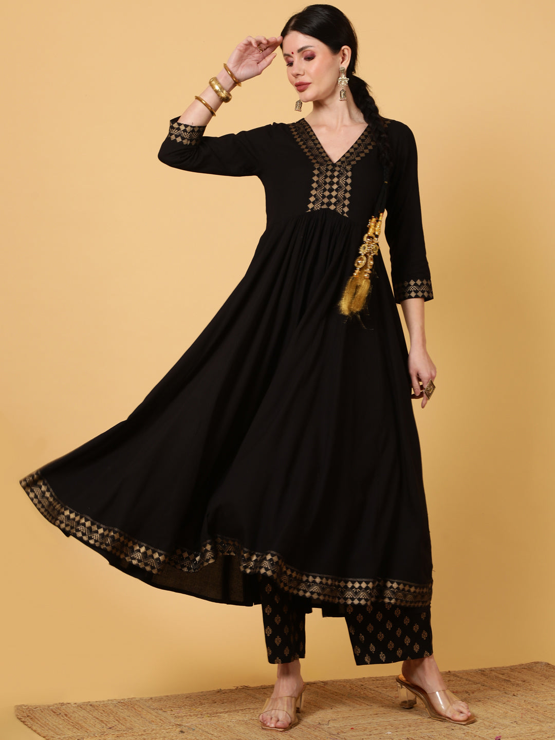 Rayon  Calf Length Solid Flared 3/4 Sleeves V-Neck Kurta Bottom Dupatta Set