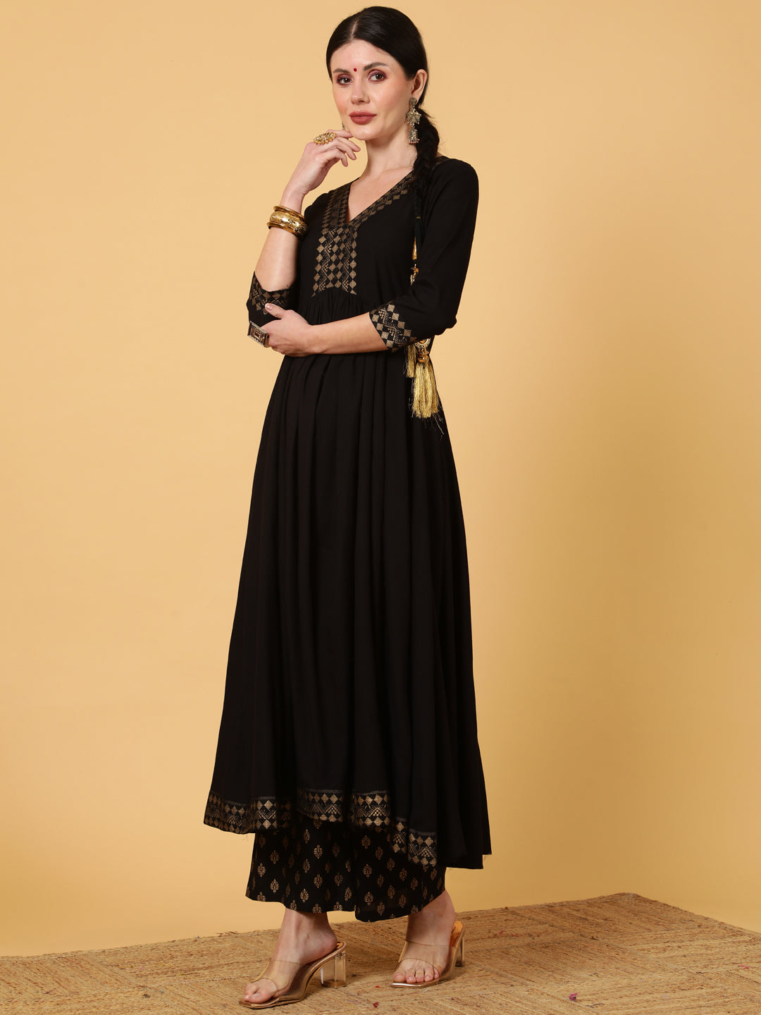 Rayon  Calf Length Solid Flared 3/4 Sleeves V-Neck Kurta Bottom Dupatta Set