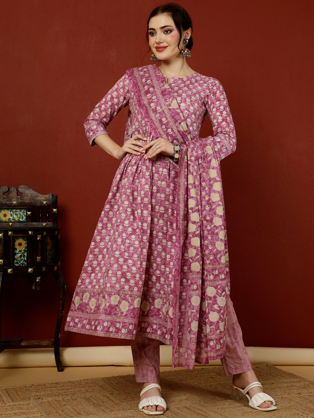 Calf Length Straight 3/4 Sleeves Round Kurta Bottom Dupatta Set
