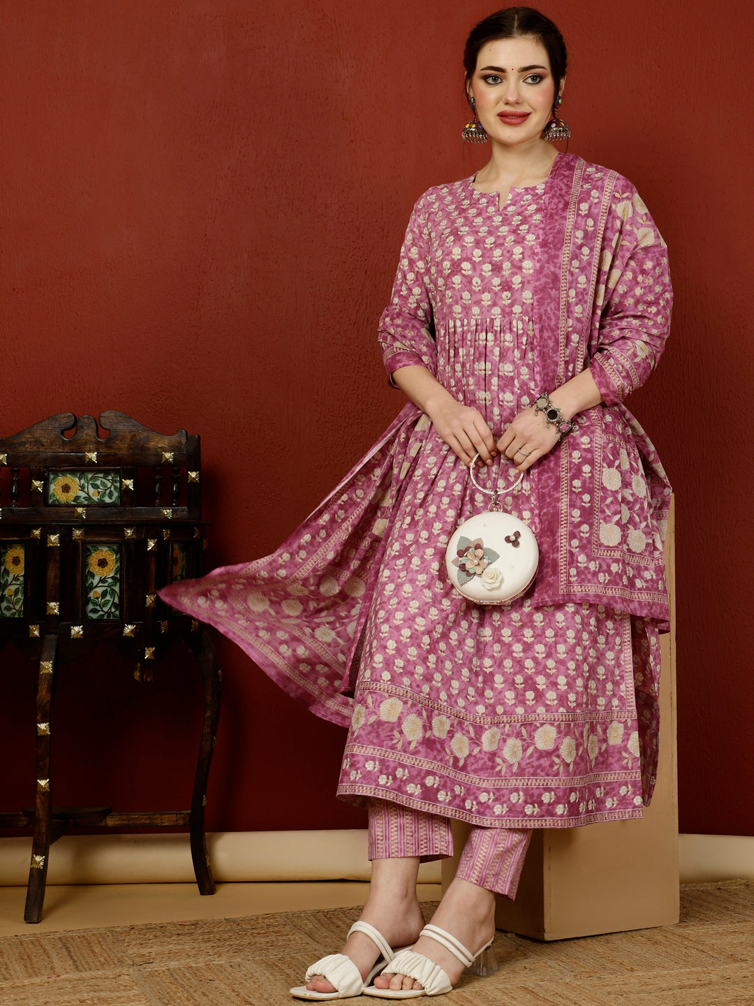 Calf Length Straight 3/4 Sleeves Round Kurta Bottom Dupatta Set (Preorder)