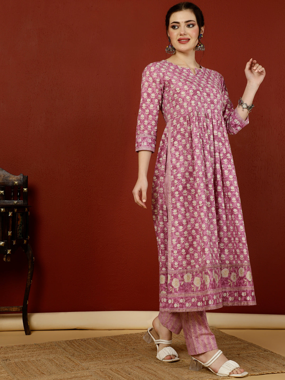 Calf Length Straight 3/4 Sleeves Round Kurta Bottom Dupatta Set (Preorder)