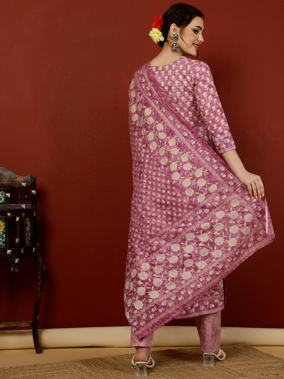Calf Length Straight 3/4 Sleeves Round Kurta Bottom Dupatta Set