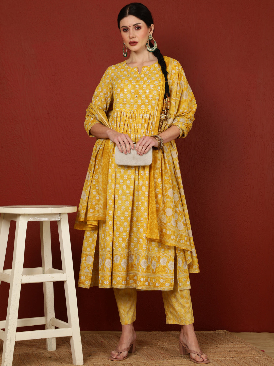 Cotton  Calf Length Printed Flared 3/4 Sleeves Round Kurta Bottom Dupatta Set (Preorder)
