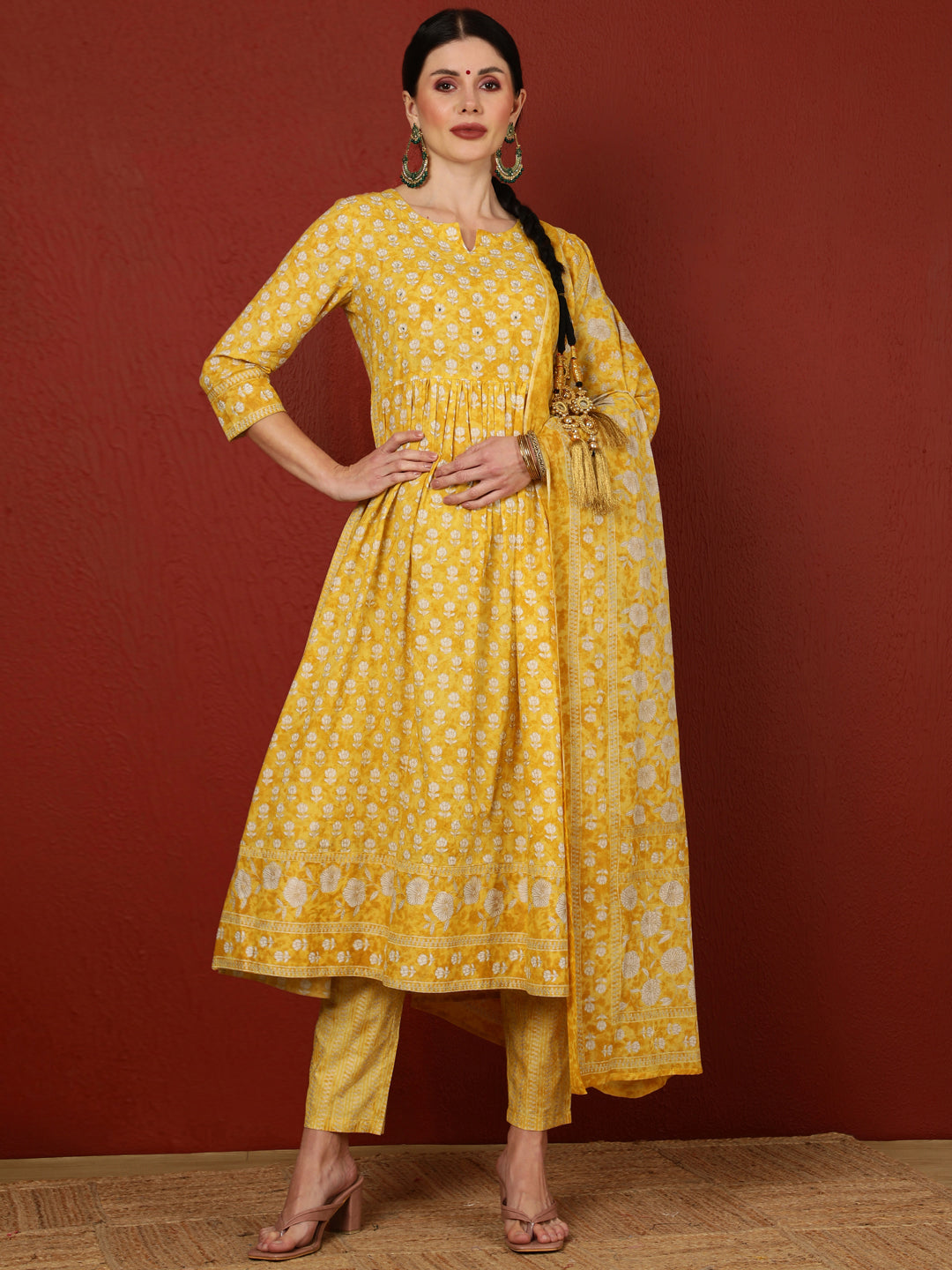 Cotton  Calf Length Printed Flared 3/4 Sleeves Round Kurta Bottom Dupatta Set