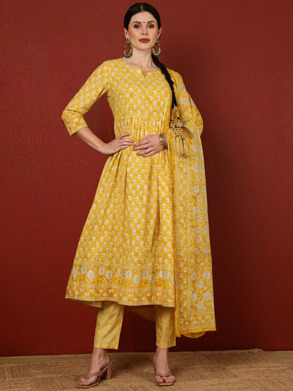 Cotton  Calf Length Printed Flared 3/4 Sleeves Round Kurta Bottom Dupatta Set