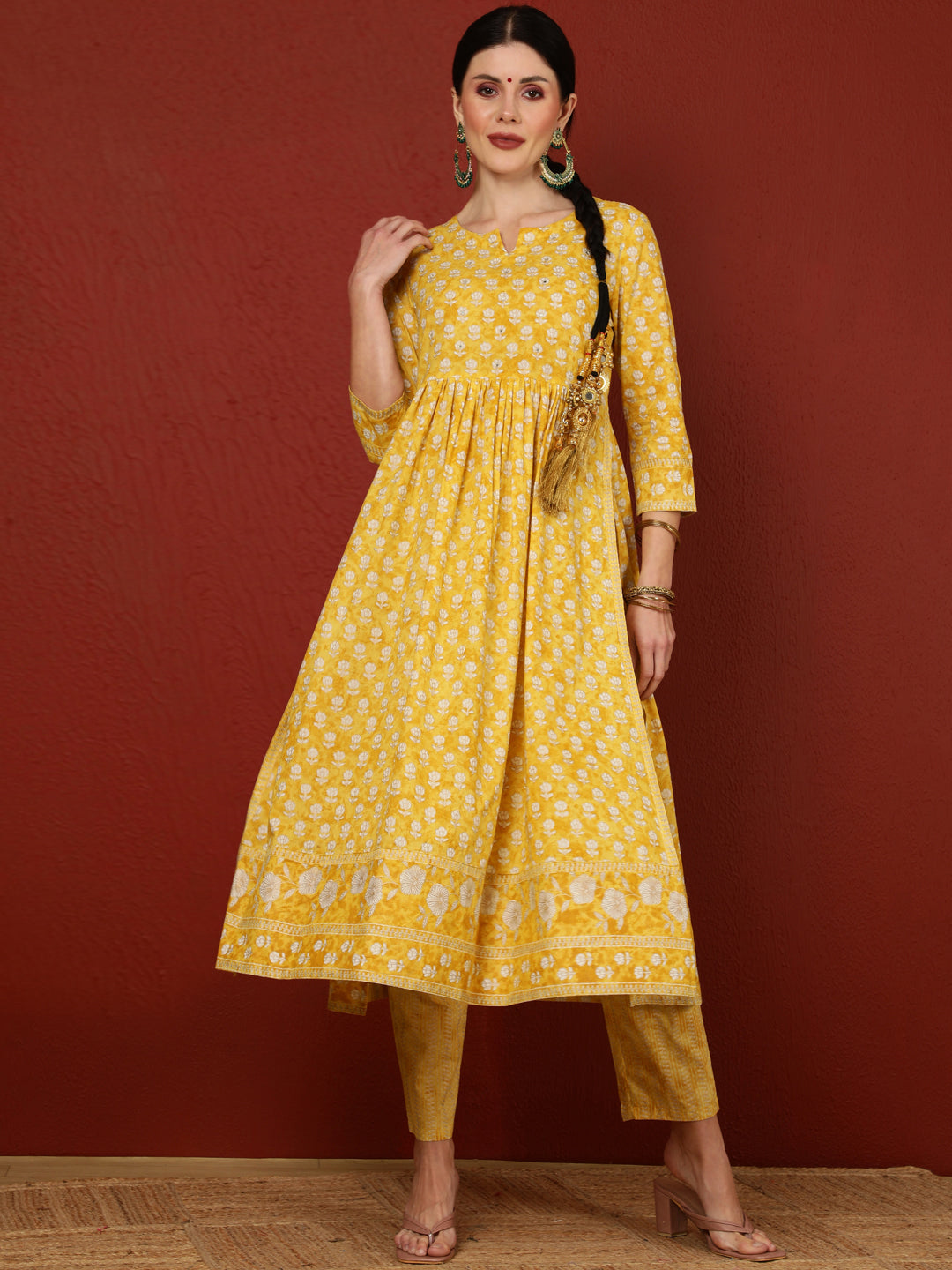 Cotton  Calf Length Printed Flared 3/4 Sleeves Round Kurta Bottom Dupatta Set (Preorder)