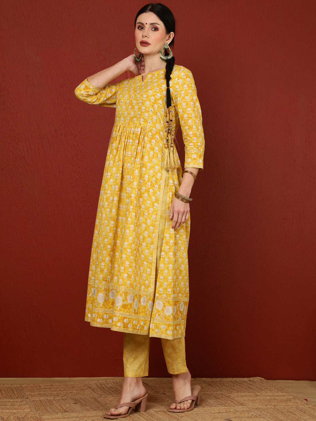 Cotton  Calf Length Printed Flared 3/4 Sleeves Round Kurta Bottom Dupatta Set (Preorder)