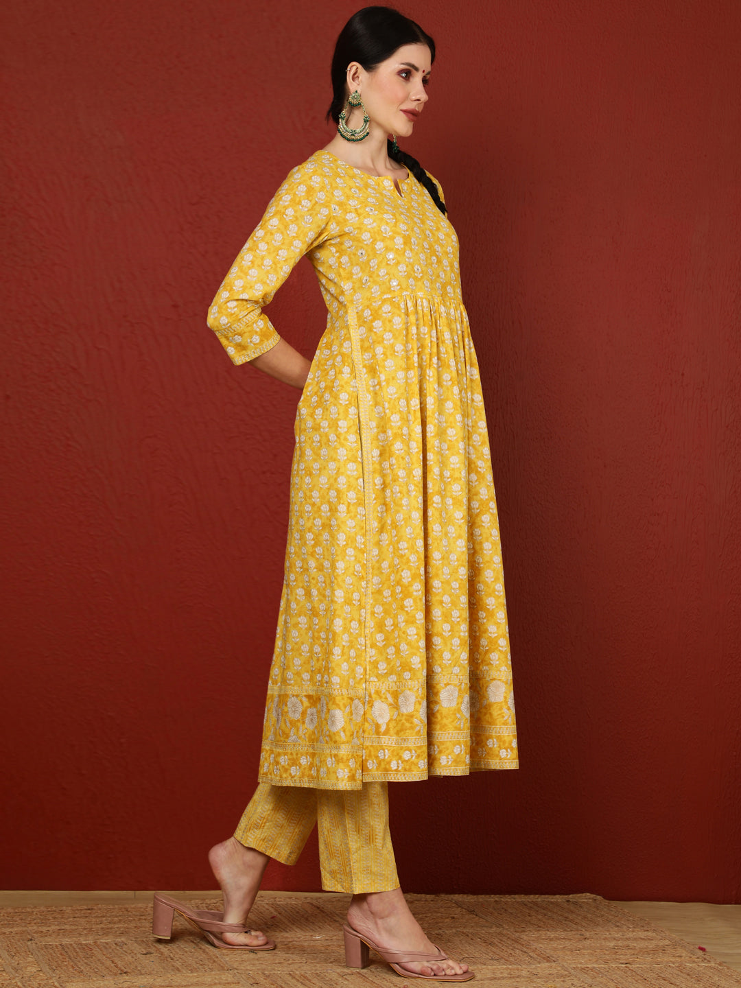 Cotton  Calf Length Printed Flared 3/4 Sleeves Round Kurta Bottom Dupatta Set