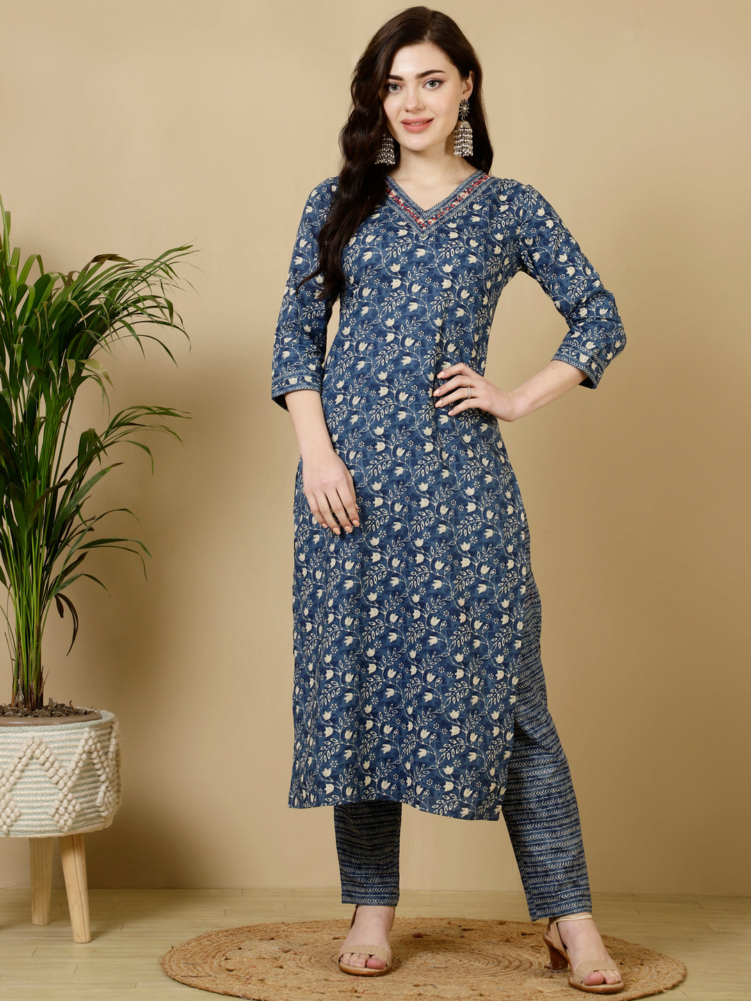 Calf Length Straight 3/4 Sleeves V Kurta Bottom Set (Preorder)