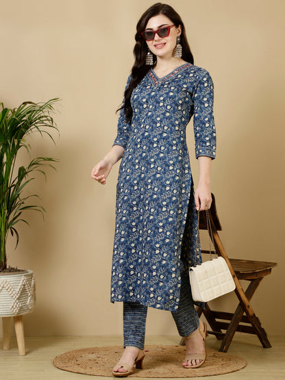 Calf Length Straight 3/4 Sleeves V Kurta Bottom Set