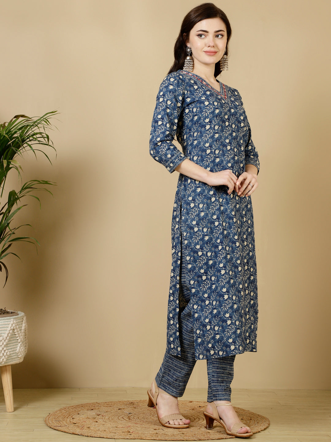 Calf Length Straight 3/4 Sleeves V Kurta Bottom Set (Preorder)