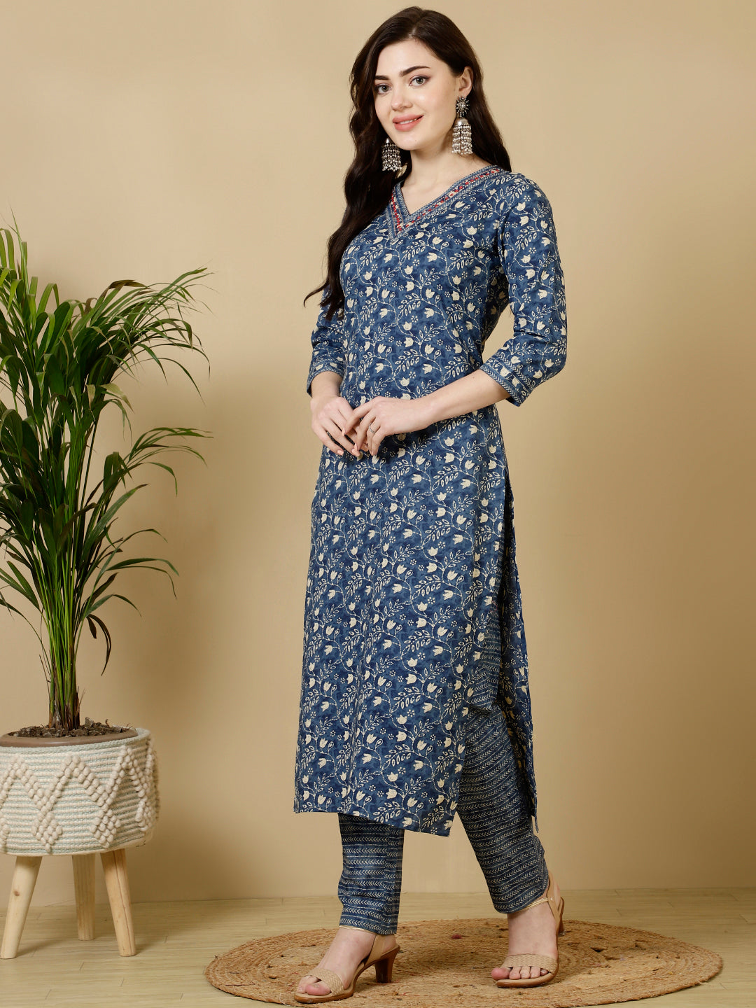 Calf Length Straight 3/4 Sleeves V Kurta Bottom Set (Preorder)