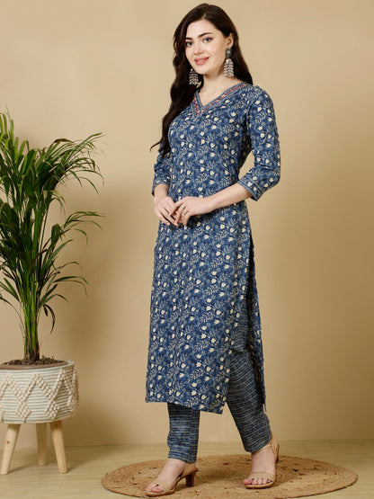 Calf Length Straight 3/4 Sleeves V Kurta Bottom Set (Preorder)