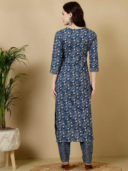 Calf Length Straight 3/4 Sleeves V Kurta Bottom Set (Preorder)